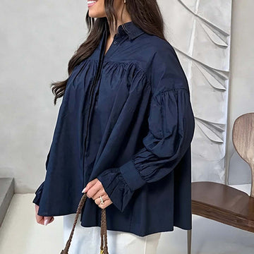 Women's Pleated Lapel Splicing Solid Color Blouse