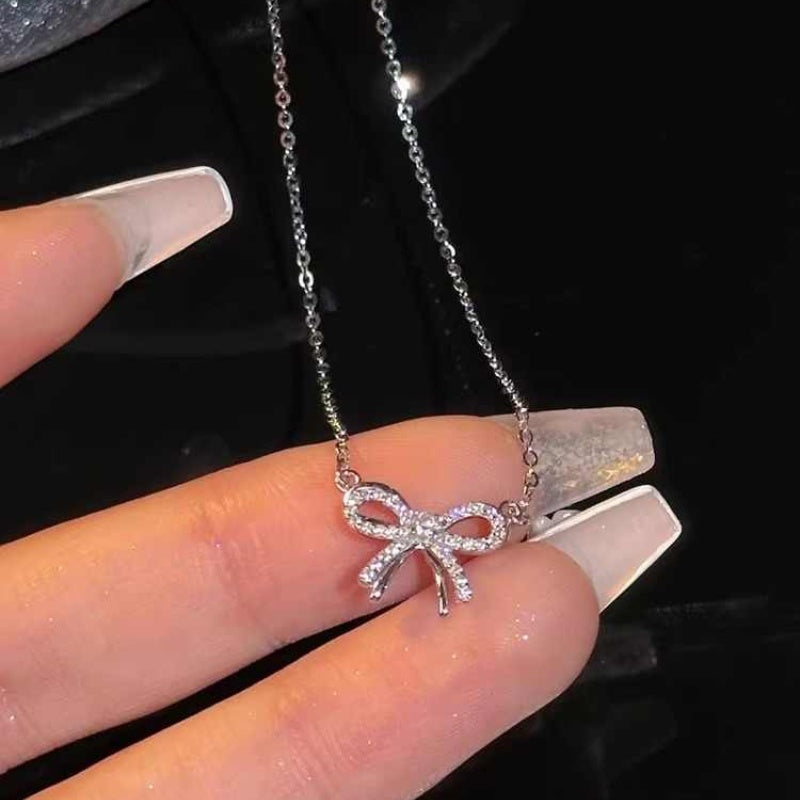 Full Diamond Bow Pendant Necklace Accessories For Women
