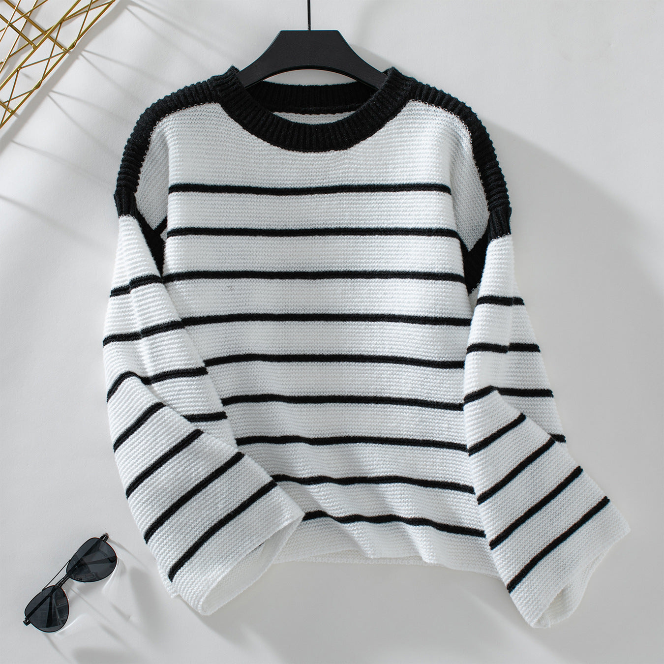 Women's Black And White Striped Pullover Long-sleeved Knitted Sweater