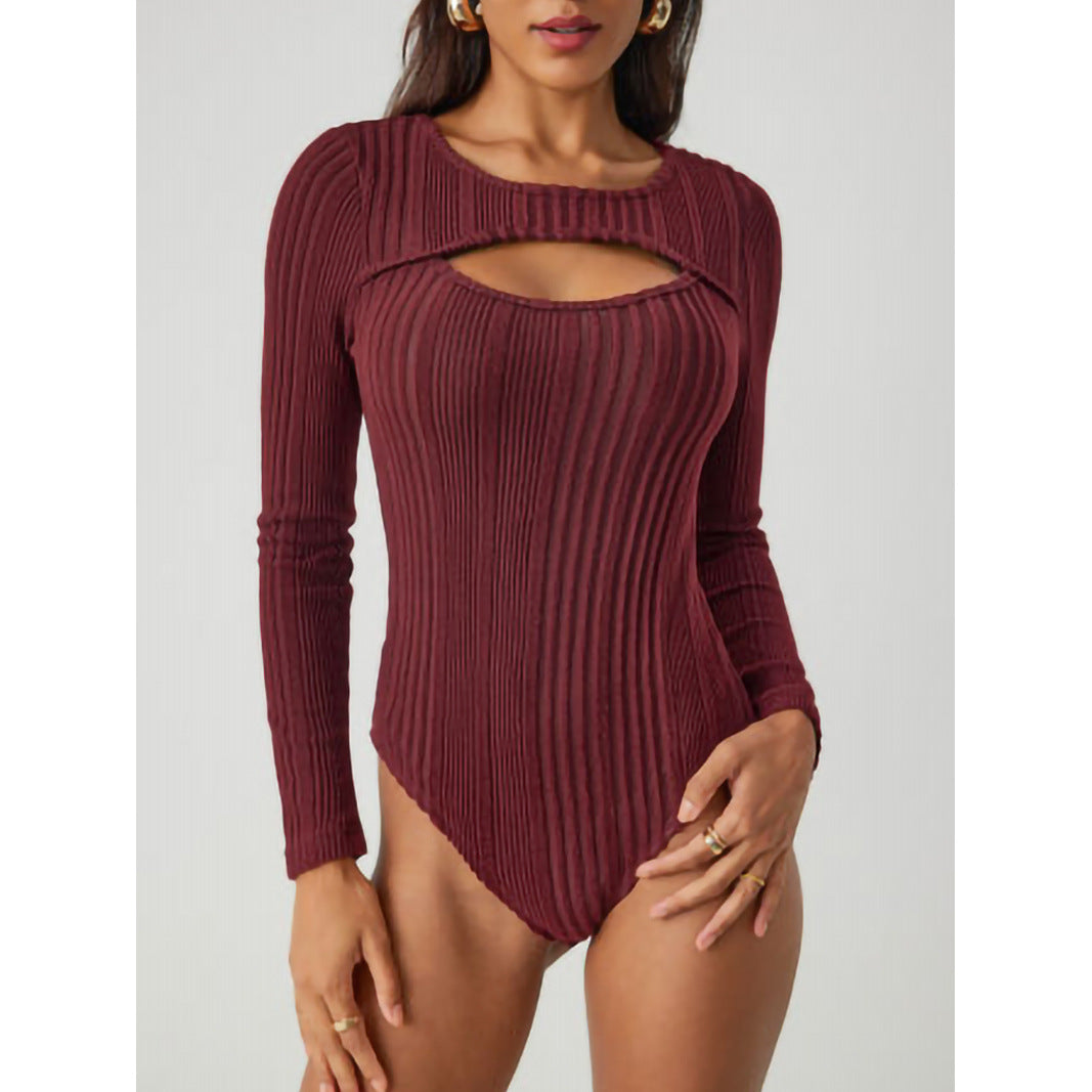 Sunken Stripe Hollow-out Slim-fit One-piece T-shirt Round Neck Long Sleeve Top
