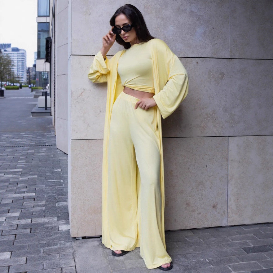 Solid Color Knitted Home Wear Three-piece Women's Clothing