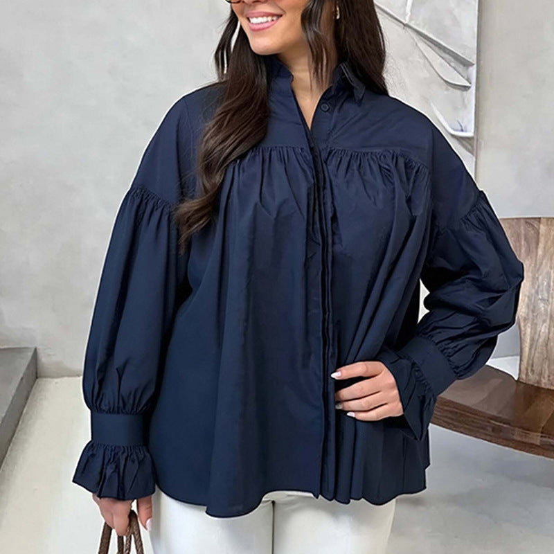 Women's Pleated Lapel Splicing Solid Color Blouse