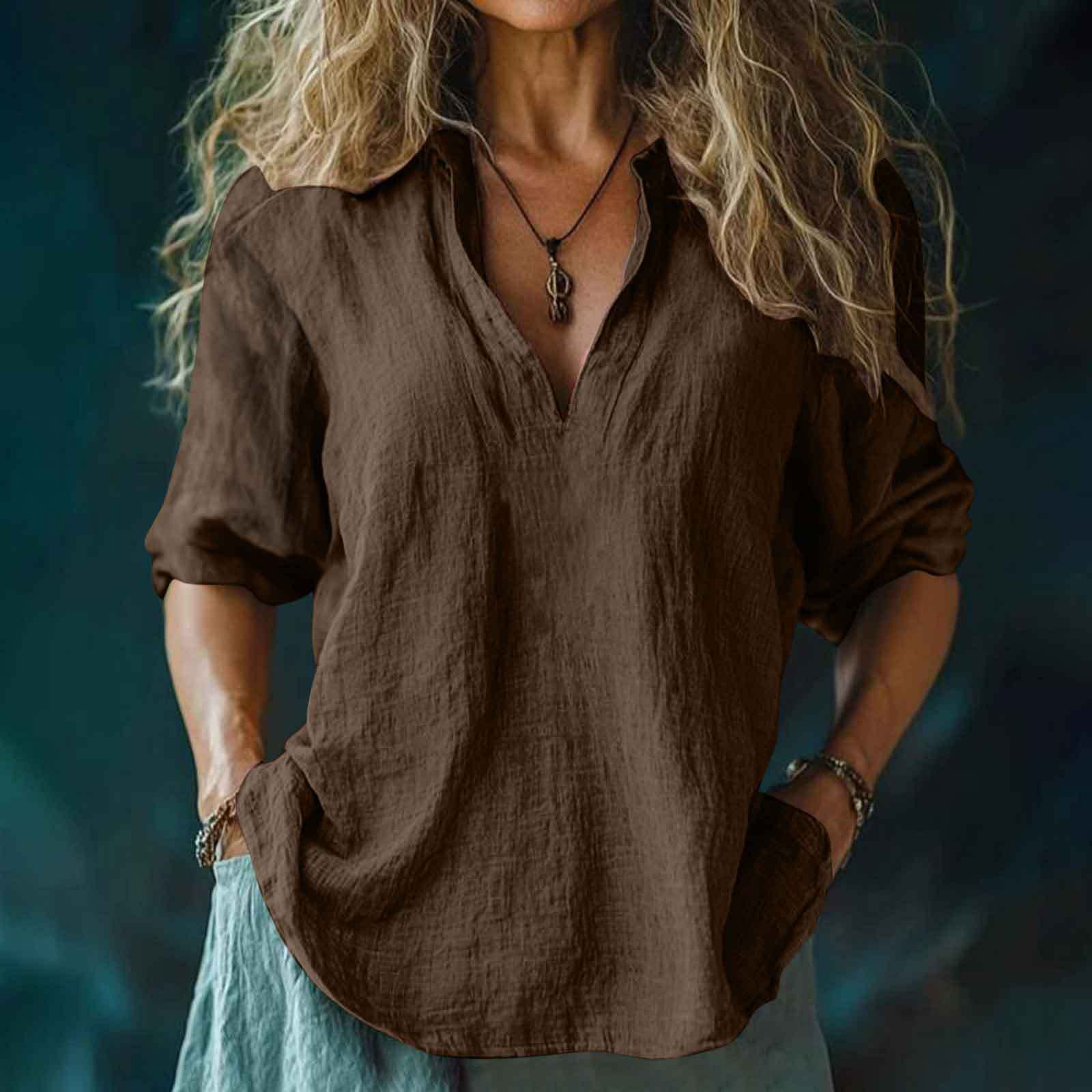 Women's Cotton And Linen V-neck Shirt