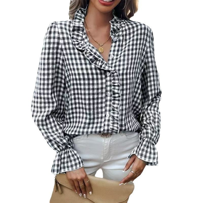 Women's French-style Plaid Shirt With Wooden Ears