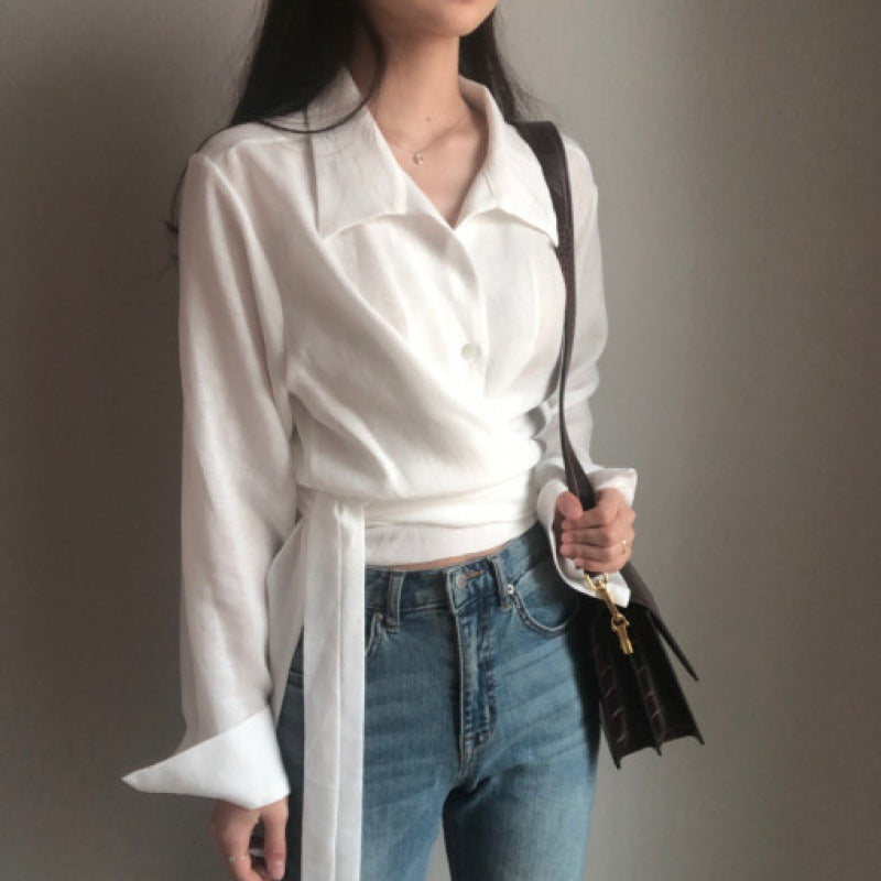 Retro Design Cross Strap Solid Color Lapel Long Sleeve Shirt