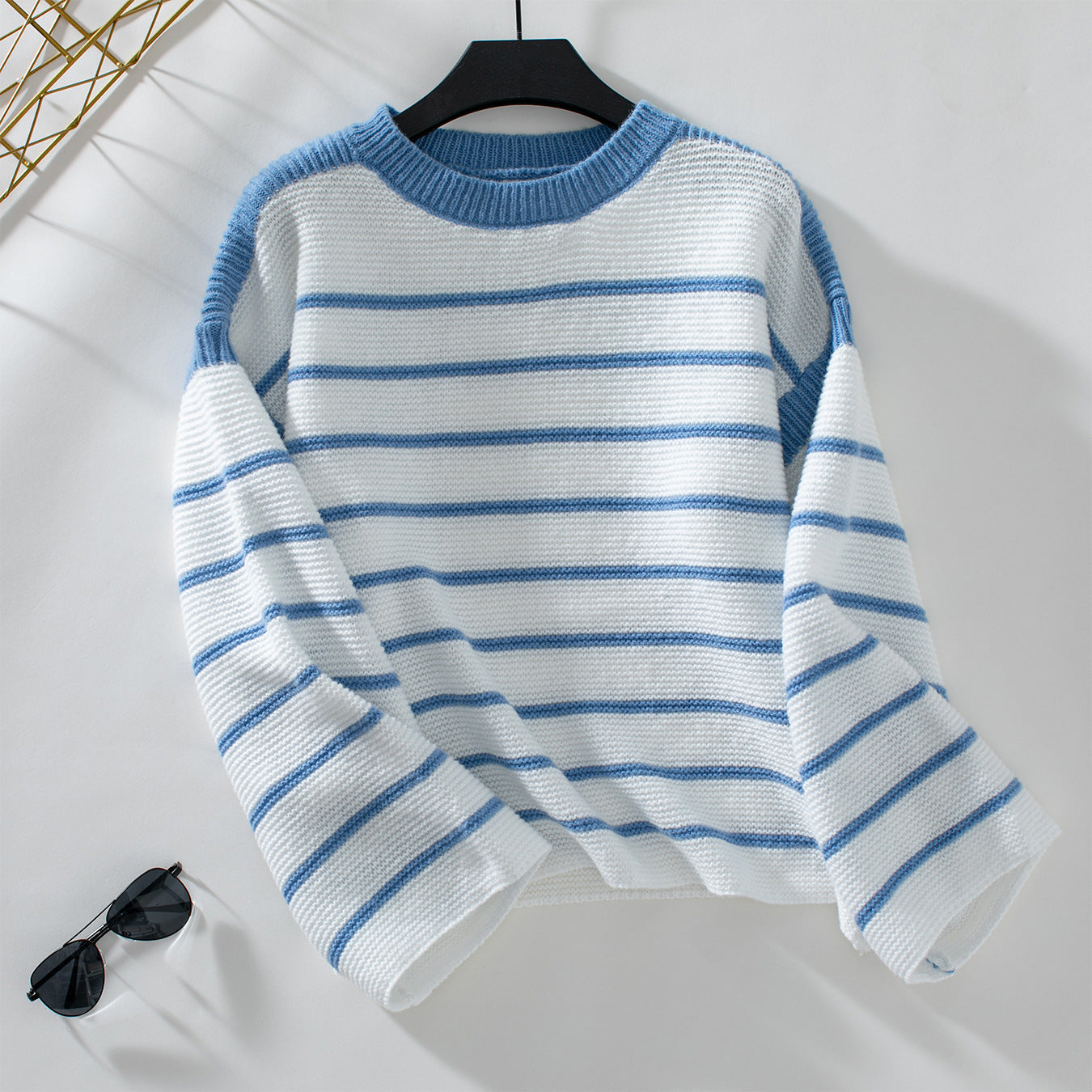 Women's Black And White Striped Pullover Long-sleeved Knitted Sweater