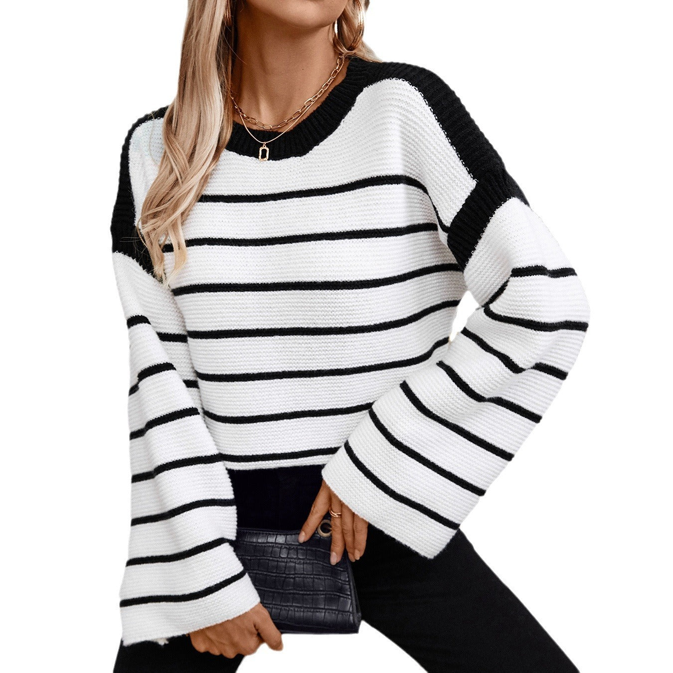 Women's Black And White Striped Pullover Long-sleeved Knitted Sweater