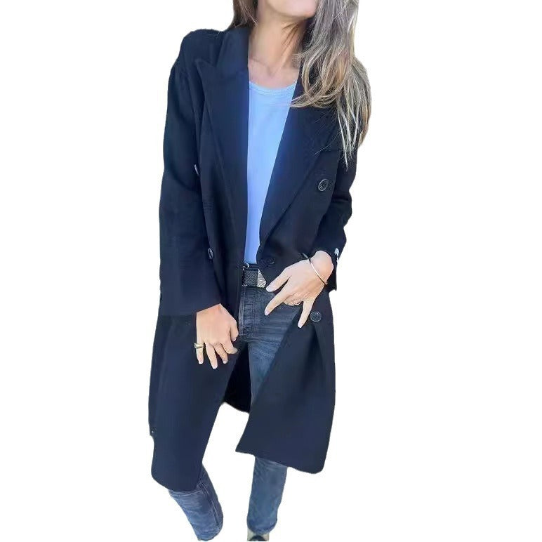 Women's Mid-length Lapel Long Sleeve Double-breasted Casual Jacket
