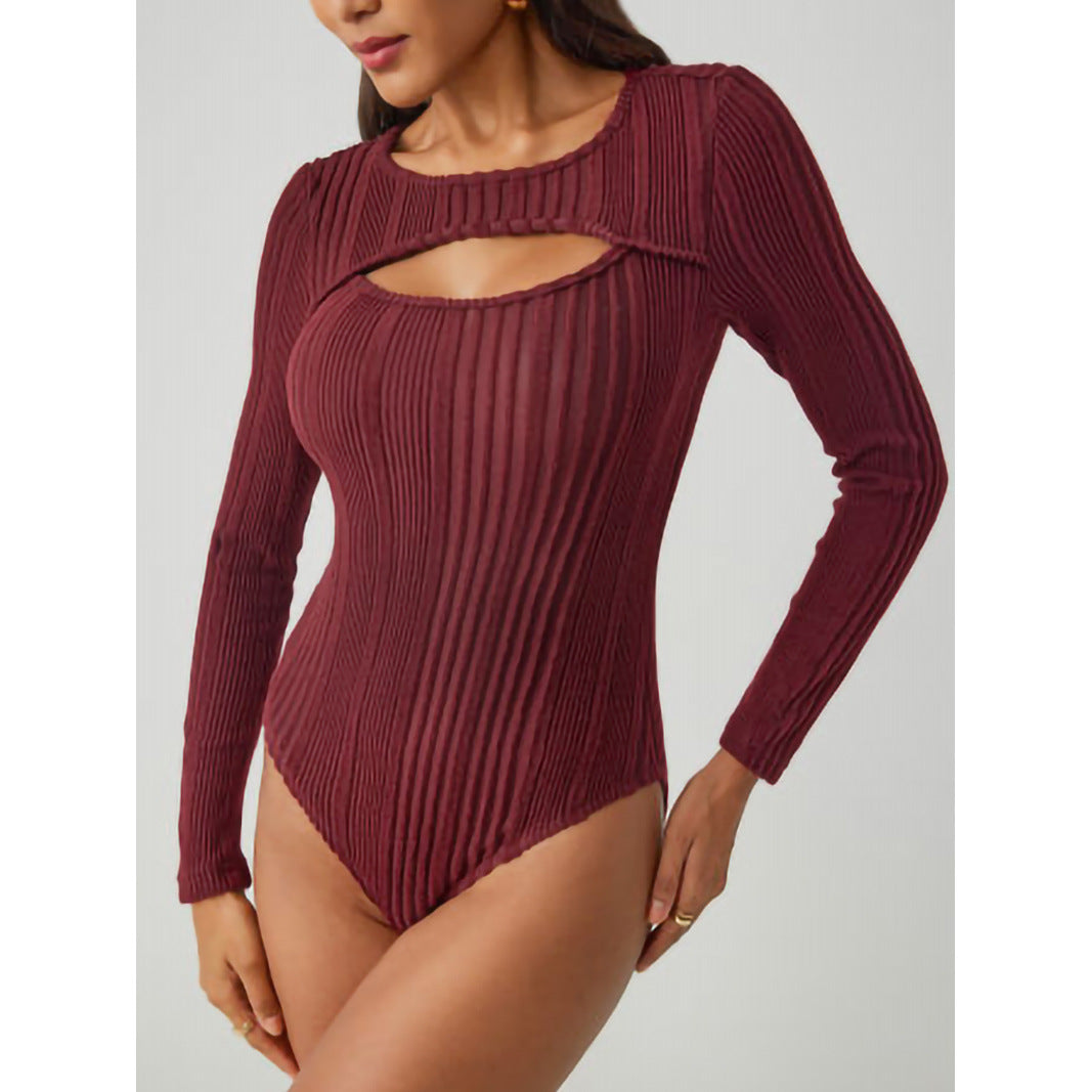 Sunken Stripe Hollow-out Slim-fit One-piece T-shirt Round Neck Long Sleeve Top