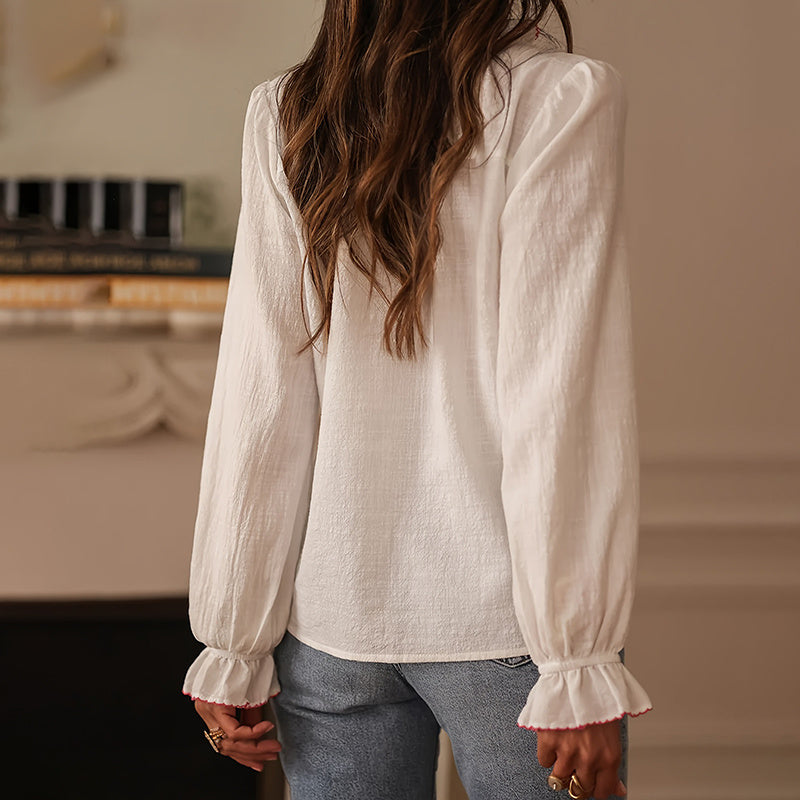 Boho Style Floral Ruffle Blouse, Women's Dressy Casual V-Neck Lantern Sleeve Button Down Shirt