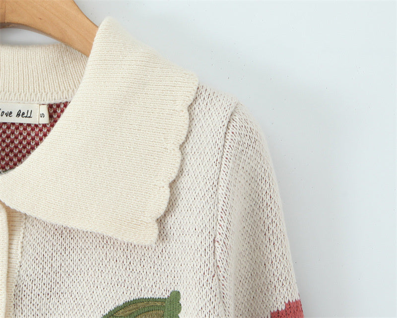 Women's Embroidered Cherry Cropped Sweater Coat