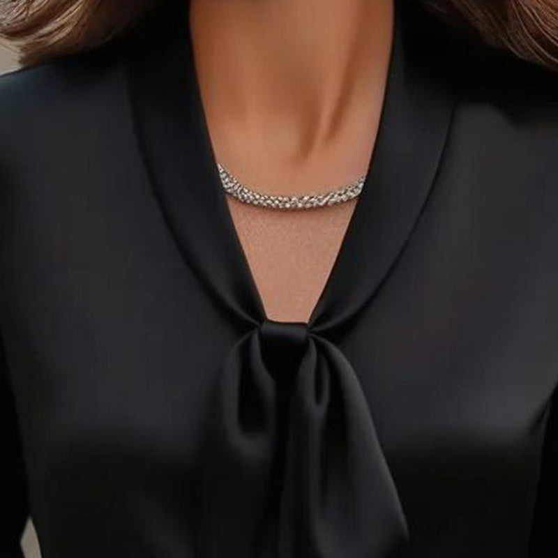 Women's Elegant Satin Blouse, Long Sleeve Button Down Shirt With Ribbon Detail For Office Work