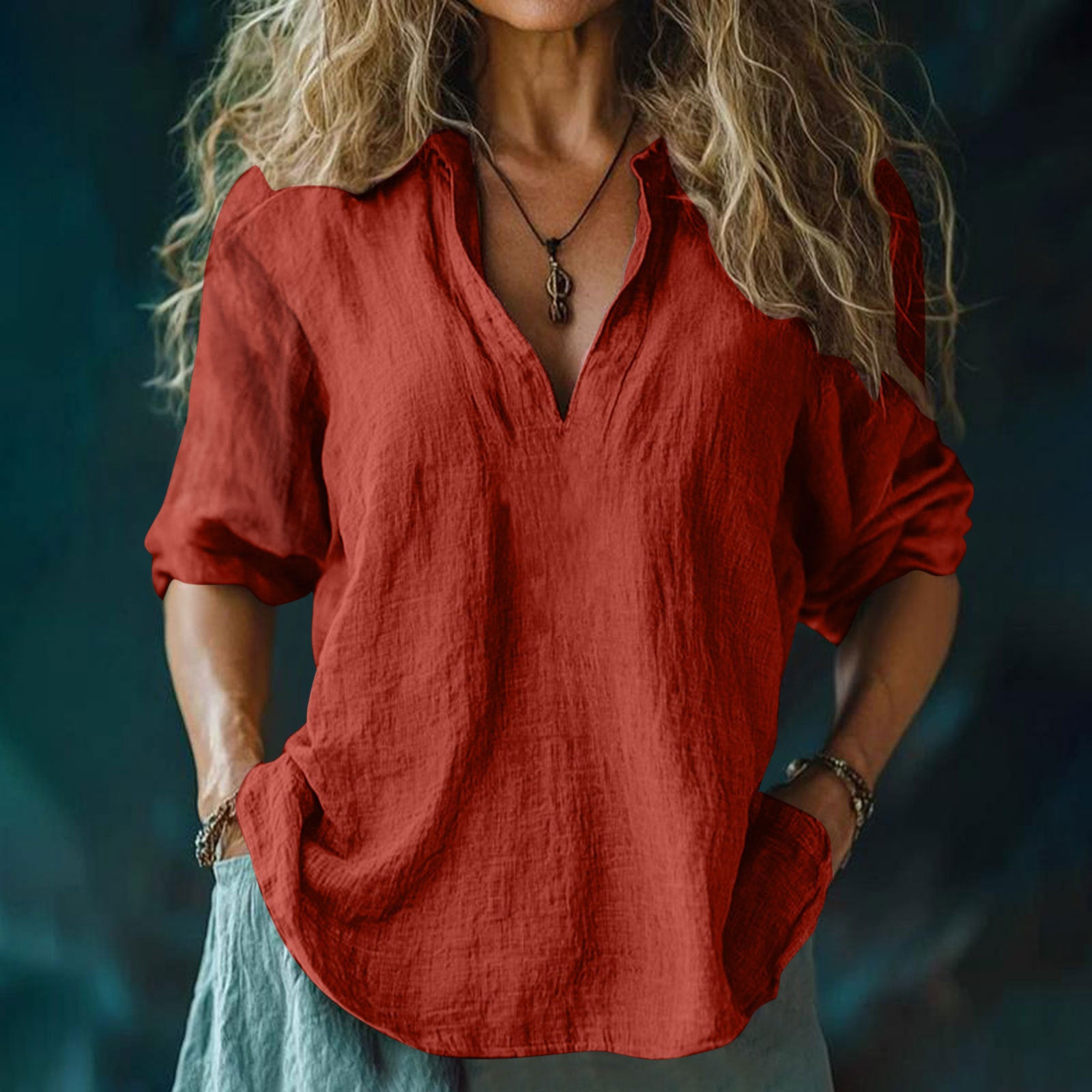 Women's Cotton And Linen V-neck Shirt