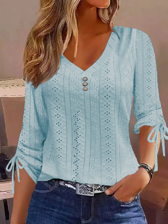 Solid Color Jacquard Button Long-sleeved T-shirt Top