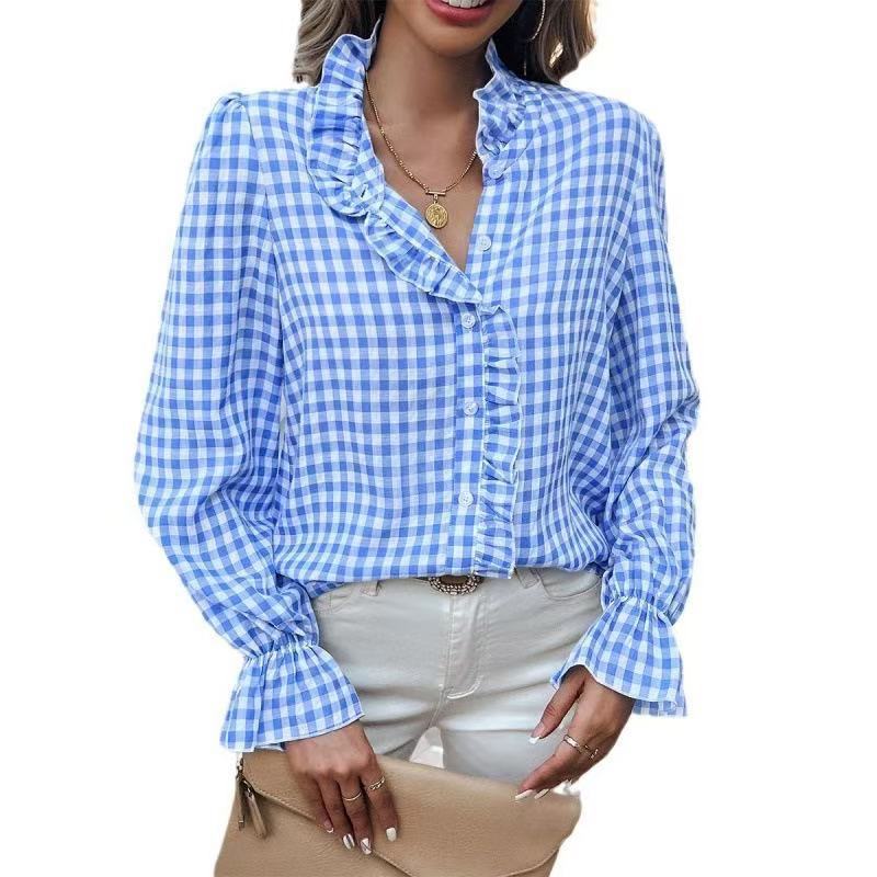 Women's French-style Plaid Shirt With Wooden Ears