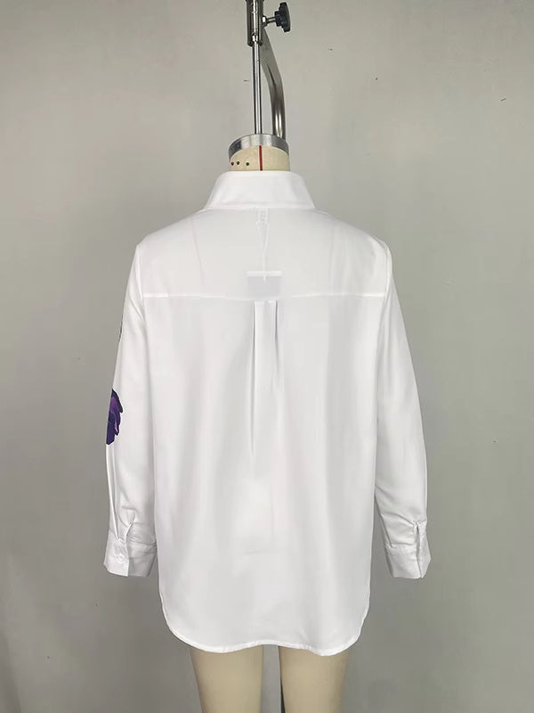 Long Sleeve And Loose Print Top Stand Collar Shirt